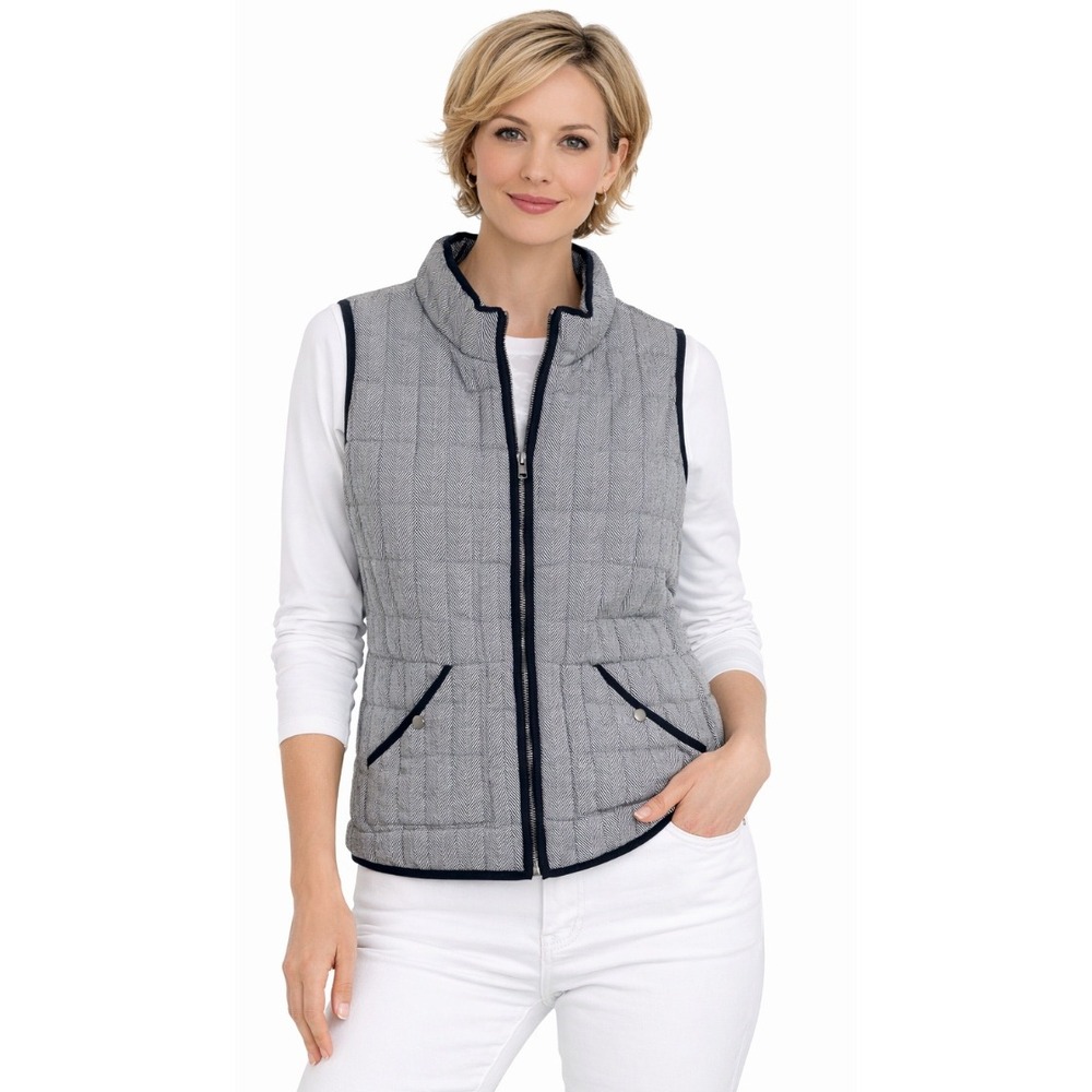 A New Day Puffer Vest Women XL Black White‎ Herringbone Zip Up Mock Neck EUC